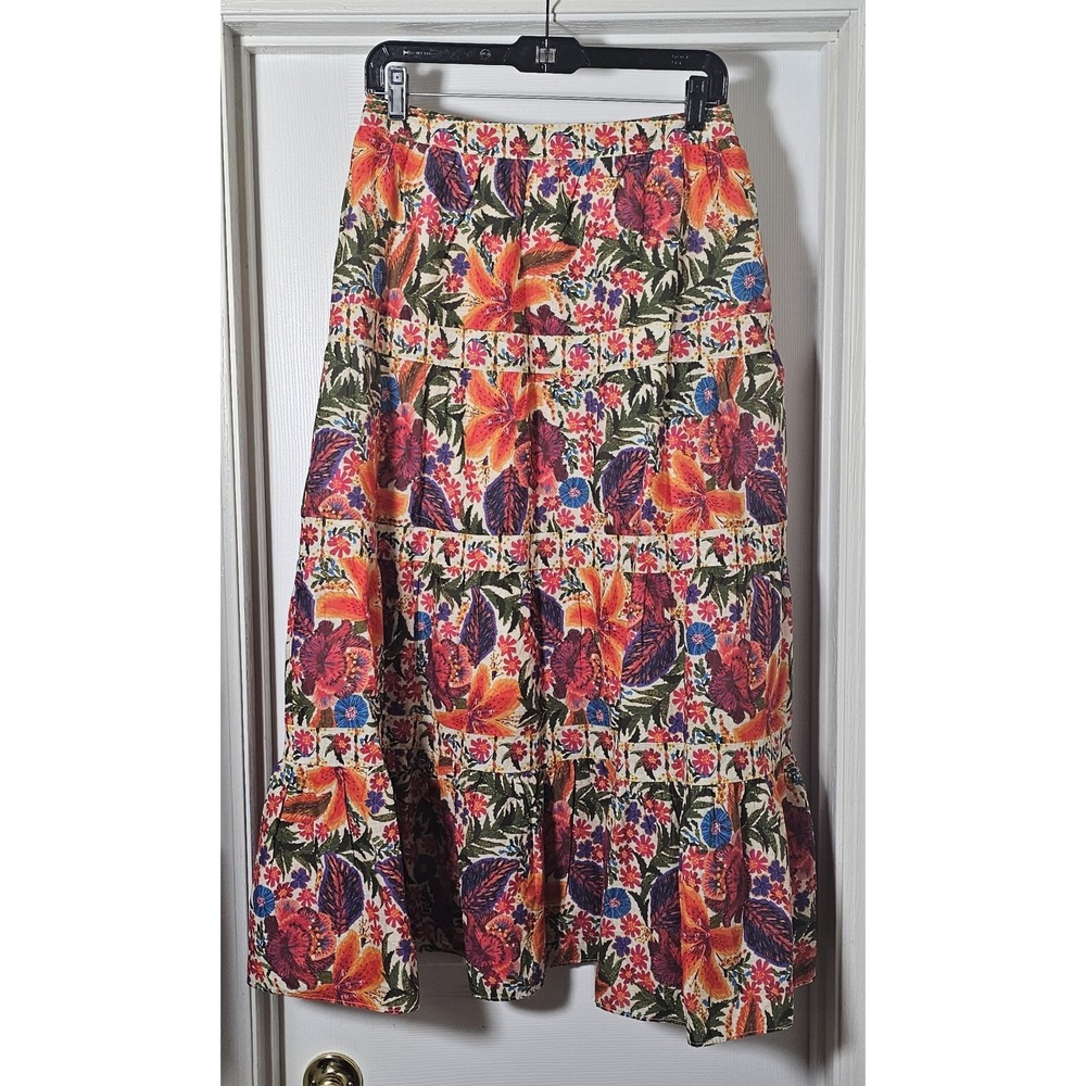 Anthropologie Farm Rio Midi Skirt Tiered Floral Tropical Cotton Flowy Size Small